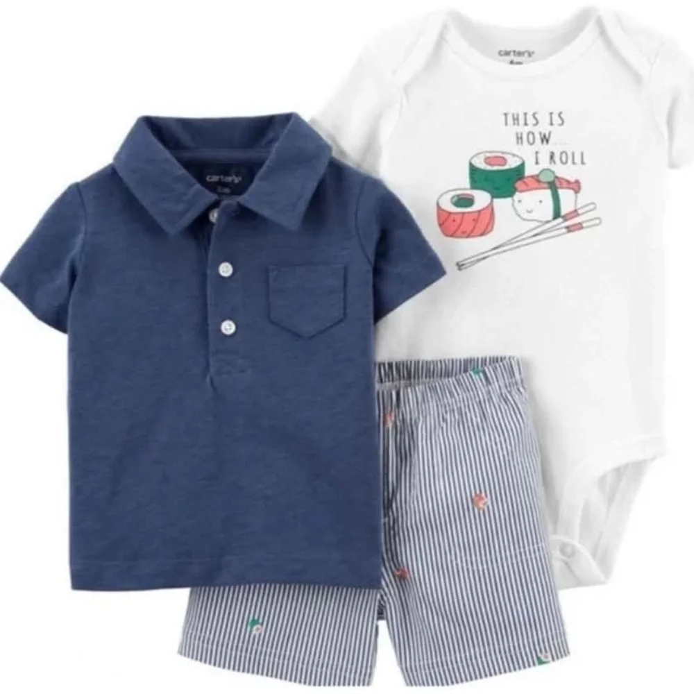 NWT Carter's Baby 3-Piece Set - Blue, White, Striped Sushi Roll ~Newborn